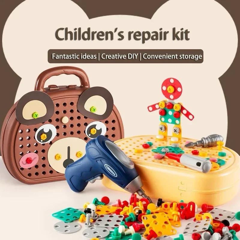 Plastic Electric Drill & Screw Set Design 237+ Pieces Creative Mosaic Art Puzzle Drilling Toy, DIY Puzzle STEM Educational Building Blocks Learning Kit - Fun Activity for Kids