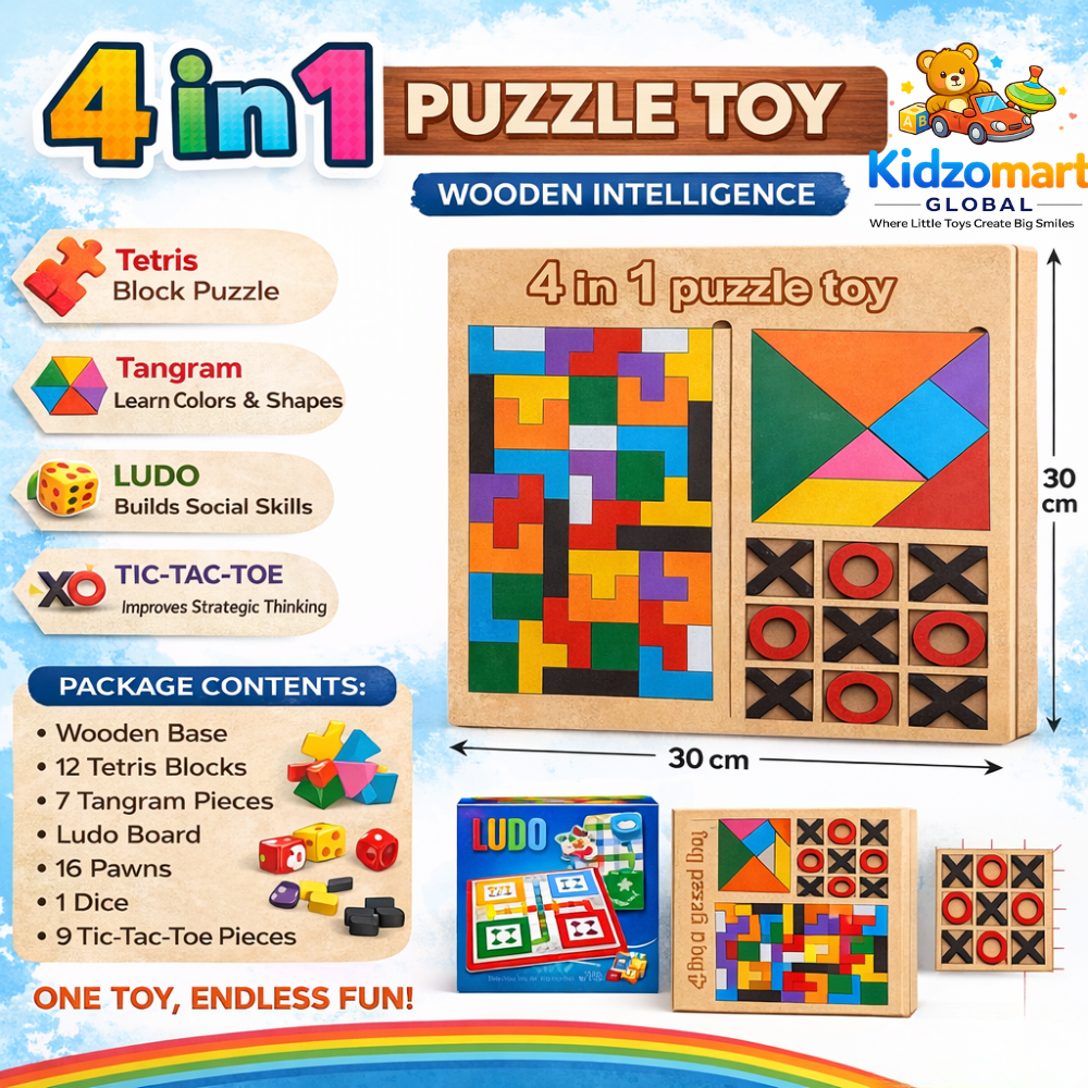 Kidzomart Global 4 in 1 Wooden Russian Block Puzzle Set – Educational Activity Board for Kids