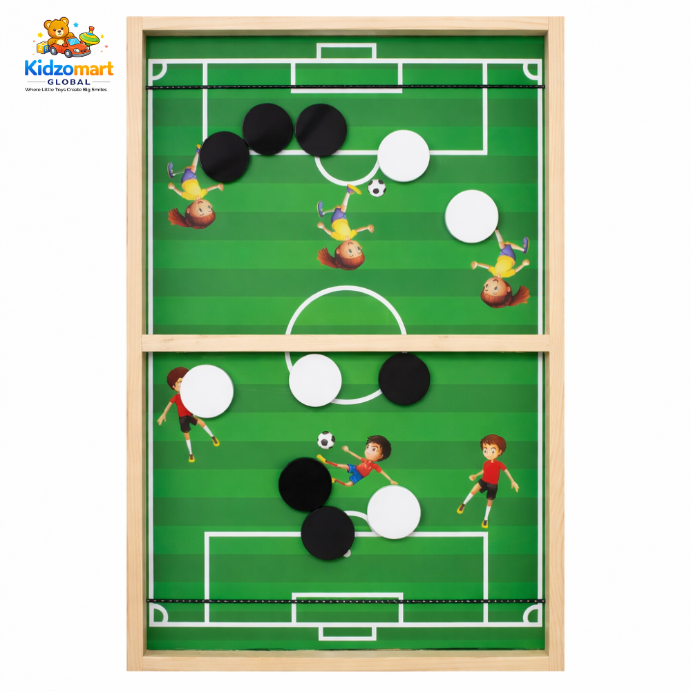 Kidzomart Global 3-in-1 Wooden Family Board Game – Football Sling, Snake & Ladder & Ludo | Strategy & Skill Development Game for Kids & Adults