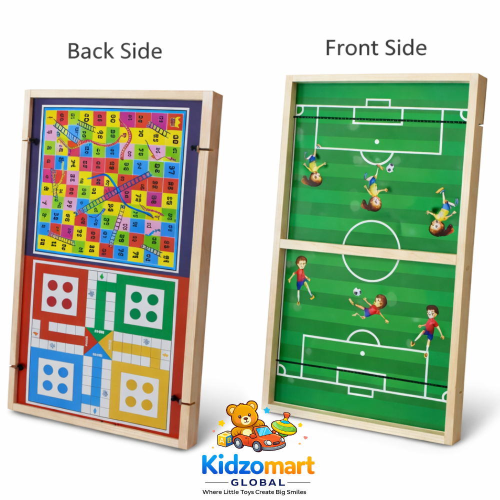 Kidzomart Global 3-in-1 Wooden Family Board Game – Football Sling, Snake & Ladder & Ludo | Strategy & Skill Development Game for Kids & Adults