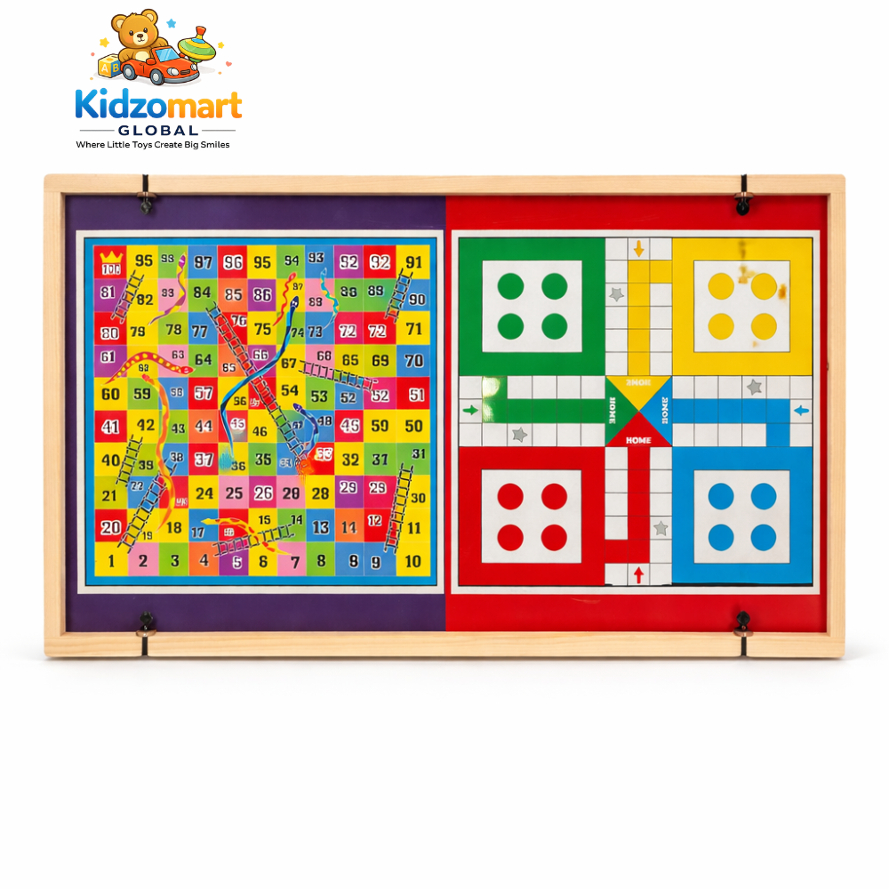 Kidzomart Global 3-in-1 Wooden Family Board Game – Football Sling, Snake & Ladder & Ludo | Strategy & Skill Development Game for Kids & Adults
