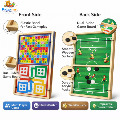 Kidzomart Global 3-in-1 Wooden Family Board Game – Football Sling, Snake & Ladder & Ludo | Strategy & Skill Development Game for Kids & Adults