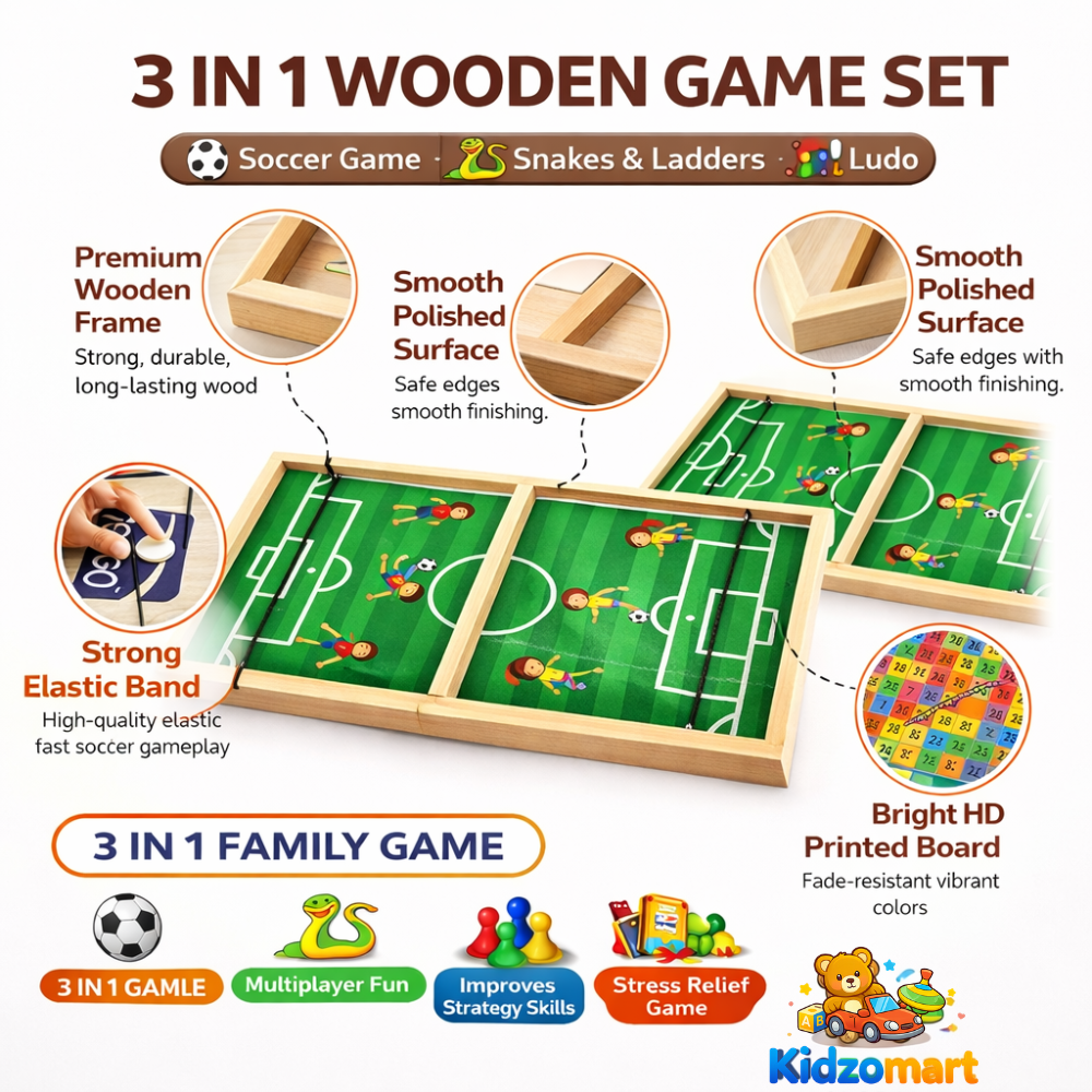 Kidzomart Global 3-in-1 Wooden Family Board Game – Football Sling, Snake & Ladder & Ludo | Strategy & Skill Development Game for Kids & Adults