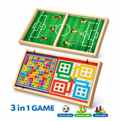 Kidzomart Global 3-in-1 Wooden Family Board Game – Football Sling, Snake & Ladder & Ludo | Strategy & Skill Development Game for Kids & Adults